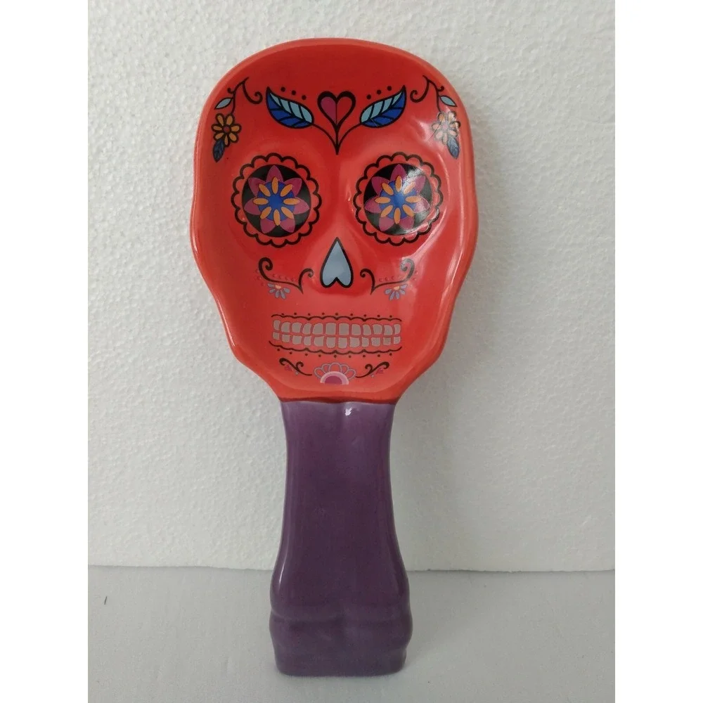 Sugar Skull Spoon Rest Halloween Decor Red & Purple Dia de Los Muertos Kitchen